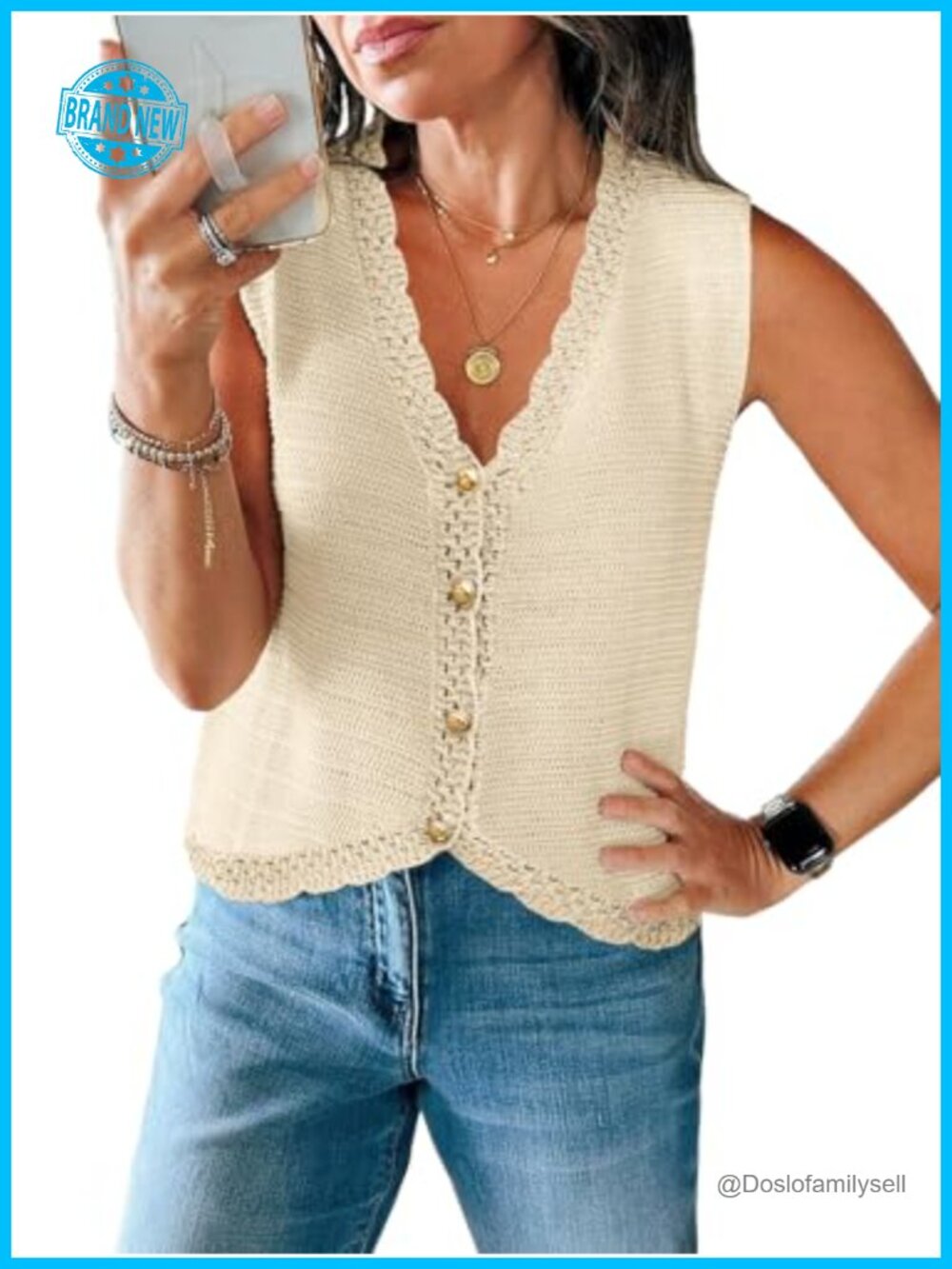 Women's Crochet Knit Sweater Vest Sleeveless V-Neck Button Down Tank Top